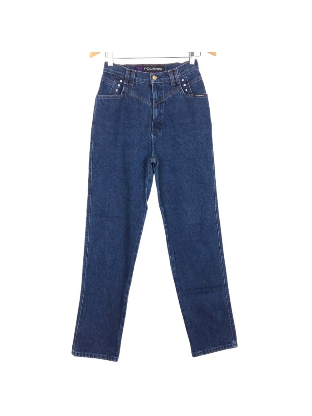 Vtg Rockies Women's Slim Long Rise Jeans 7/8 (26.5 x 32) Bareback Studded Blue